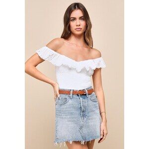 Lulus Pretty Heavenly Ivory Eyelet Ruffled Smocked Lace-up Bodysuit White